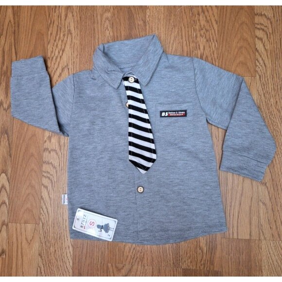 RZHTZ Gray Button Necktie Long Sleeve Collared Shirt Toddler Boys Size 2/2T - Picture 1 of 10